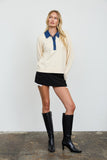 Contrast Denim Collar Polo Knit Pullover (Cream Multi)