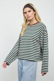 Color Block Neck Trim Long Sleeve Boxy Knit Top (Light Khaki Multi)