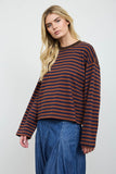 Color Block Neck Trim Long Sleeve Boxy Knit Top (Rust Multi)