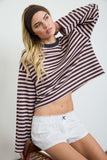 Color Block Neck Trim Long Sleeve Boxy Knit Top (Dusty Pink Multi)