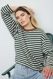 Color Block Neck Trim Long Sleeve Boxy Knit Top (Light Khaki Multi)