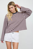 Color Block Neck Trim Long Sleeve Boxy Knit Top (Dusty Pink Multi)