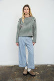 Color Block Neck Trim Long Sleeve Boxy Knit Top (Light Khaki Multi)