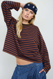 Color Block Neck Trim Long Sleeve Boxy Knit Top (Rust Multi)