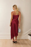 V Neck Lace Trim Spaghetti Strap Satin Midi Dress