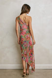 Floral One Shoulder Asymmetrical Pleated Dress
