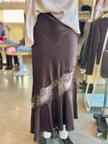 Satin Bias Lace Panel Skirt (Brown)