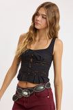 Front Button Open Back Tie Lace Trim Crop Top