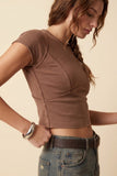 Washed Stretch Curved Seam Cropped Top (Brown)