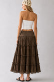 Lace Trim Tiered Crinkle Maxi Skirt (Brown)