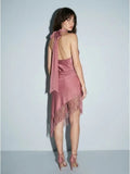 Cowl Neck Satin Asymmetrical Fringe Dress