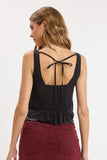 Front Button Open Back Tie Lace Trim Crop Top