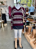 Multicolor Stripe V-Neck Long Sleeve Knit Sweater (Oxblood Multi)