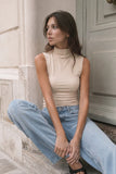 Soft Stretch Mock Neck Sleeveless Top (Beige)