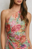 Floral One Shoulder Asymmetrical Pleated Dress