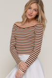 Wide Neck Fitted Stripe Sweater (Brown)