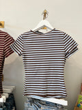 Multicolor Stripe Short Sleeve Button Knit Top (Dark Brown Multi)