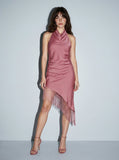 Cowl Neck Satin Asymmetrical Fringe Dress