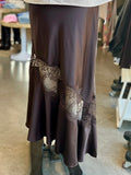 Satin Bias Lace Panel Skirt (Brown)