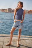 Soft Stretch Mock Neck Sleeveless Top (Navy)
