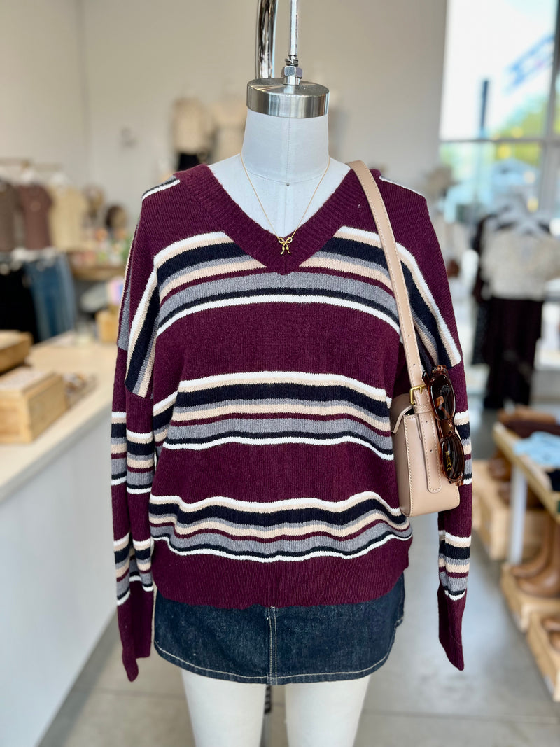 Multicolor Stripe V-Neck Long Sleeve Knit Sweater (Oxblood Multi)