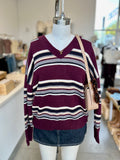 Multicolor Stripe V-Neck Long Sleeve Knit Sweater (Oxblood Multi)