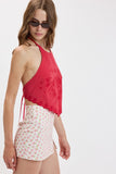 Embroidered Detail Scallop Trim Backless Top (Red)