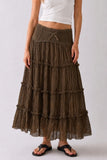 Lace Trim Tiered Crinkle Maxi Skirt (Brown)