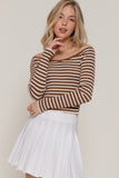 Wide Neck Fitted Stripe Sweater (Brown)
