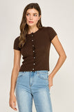 Ribbed Button Front Short Sleeve Top (Brown)