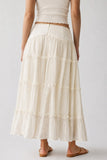 Lace Trim Tiered Crinkle Maxi Skirt (White)