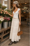Lace Trim Tiered Crinkle Maxi Skirt (White)