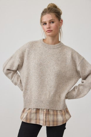 Layered Plaid Hem Knit Sweater