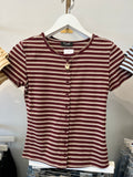 Multicolor Stripe Short Sleeve Button Knit Top (Oxblood Multi)