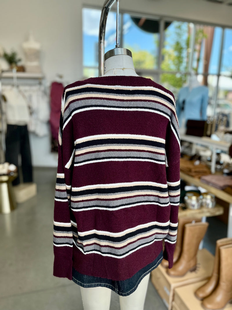 Multicolor Stripe V-Neck Long Sleeve Knit Sweater (Oxblood Multi)
