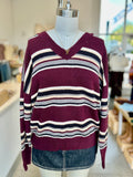Multicolor Stripe V-Neck Long Sleeve Knit Sweater (Oxblood Multi)