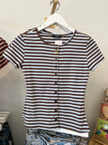 Multicolor Stripe Short Sleeve Button Knit Top (Dark Brown Multi)