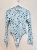 Ditsy Print Pointelle Knit Bell Sleeve Bodysuit (LT Blue)