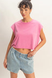 Crew Neck Boxy Cropped Top (Fuchsia)