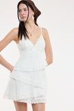 White Eyelet Asymmetric Tiered Lace Mini Dress