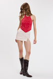 Embroidered Detail Scallop Trim Backless Top (Red)