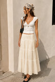 Lace Trim Tiered Crinkle Maxi Skirt (White)