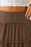 Lace Trim Tiered Crinkle Maxi Skirt (Brown)
