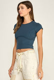 Washed Stretch Curved Seam Cropped Top (Dark Blue)