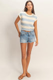 Striped Ribbed Knit Top (Ice Blue)