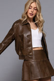Christy Faux Leather Bomber Jacket  (Brown)