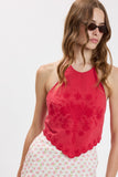 Embroidered Detail Scallop Trim Backless Top (Red)