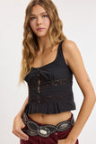Front Button Open Back Tie Lace Trim Crop Top