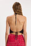 Embroidered Detail Scallop Trim Backless Top (Black)