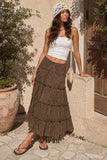 Lace Trim Tiered Crinkle Maxi Skirt (Brown)
